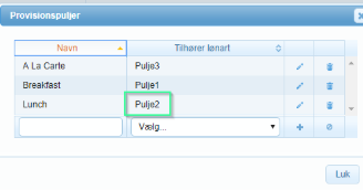 Computergenereret alternativ tekst:
Provisionspuljer 
Navn 
A La Carte 
Breakfast 
Lunch 
Tilhører lønart 
Puljes 
Puljei 
Pulje2 
Vælg. 