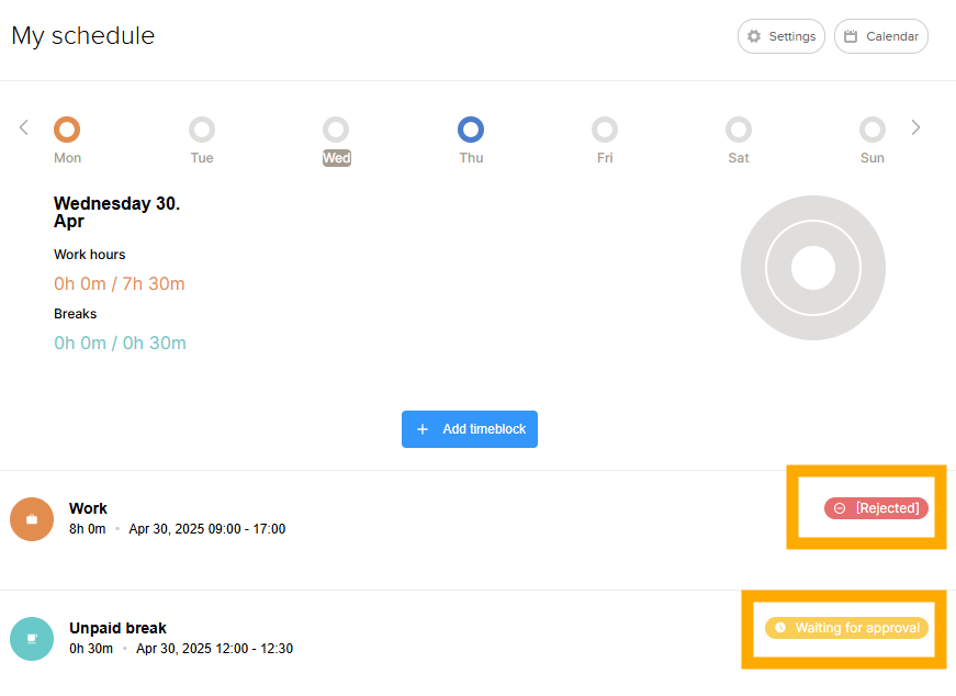 Time Tracking approval waiting and rejected in Emply on the web