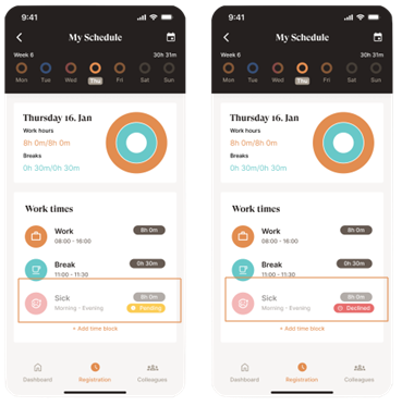 Time Tracking approval waiting and rejected in the Emply app