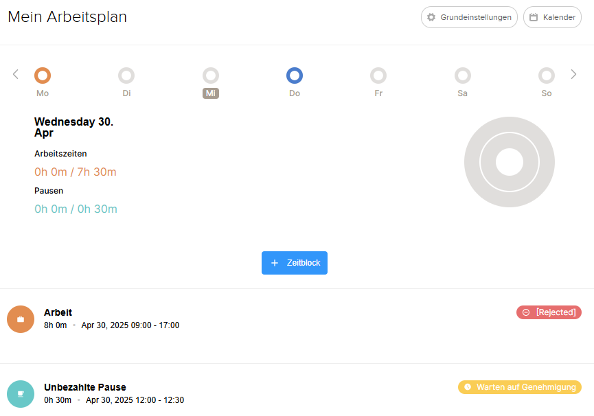Genehmigung zur Zeiterfassung wartend und abgelehnt in Emply im Web